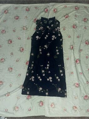 Karl Lagerfeld Dark Blue Midi Dress with Pink Floral Embroidery